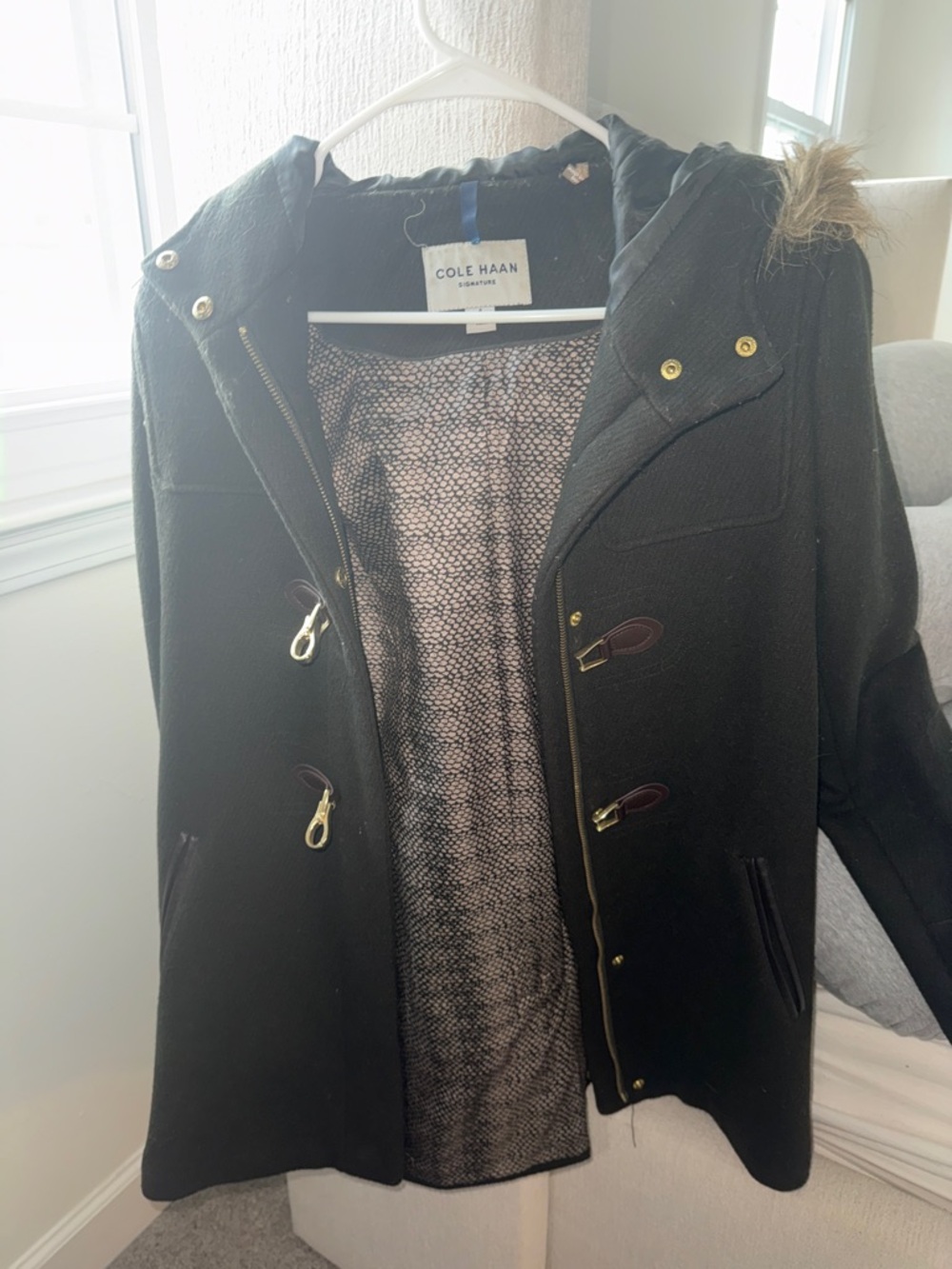 Cole Haan Dark Green Hooded Toggle Pea Coat with Fur Trim
